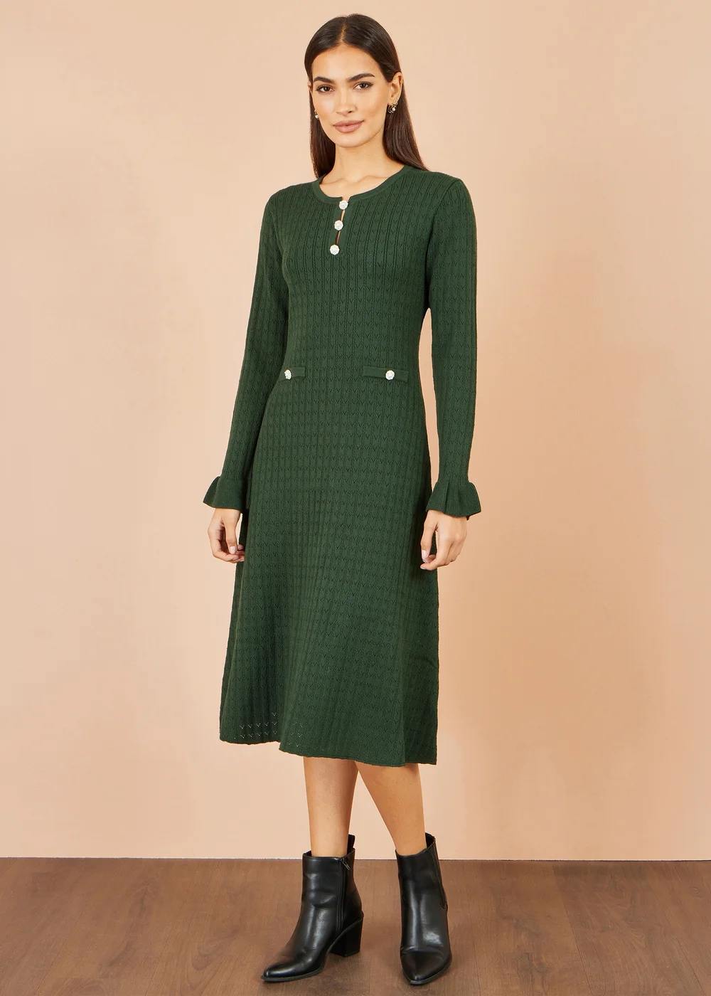 Yumi Green Viscose Knitted Midi Dress With Buttons - L Image 2