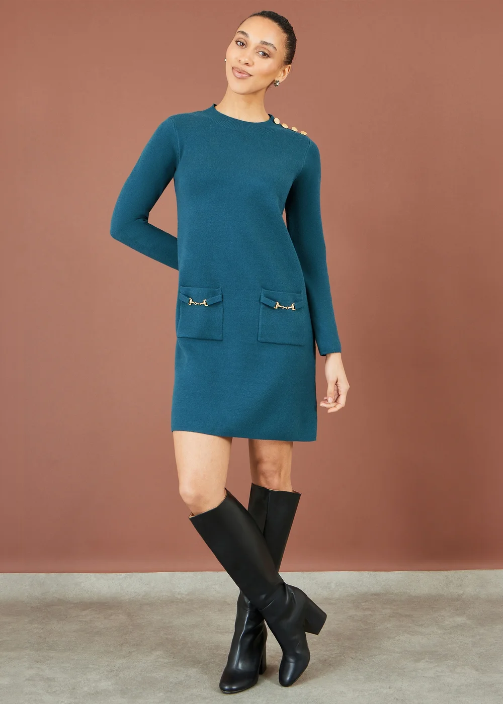 Yumi Teal Knitted Tunic Dress With Gold Hardware Details - S Image 2