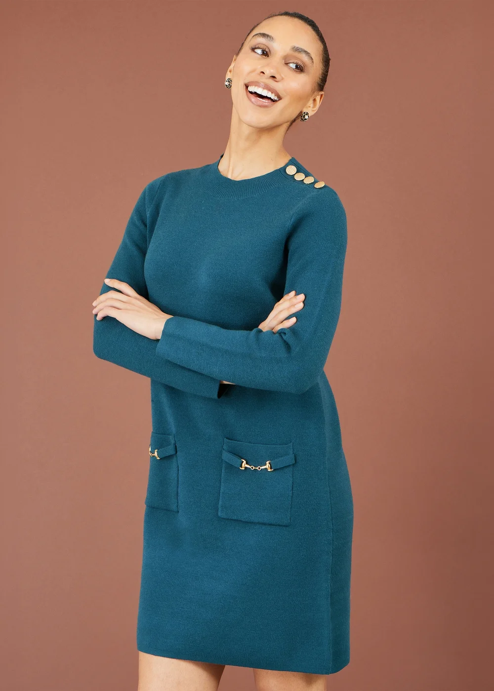 Yumi Teal Knitted Tunic Dress With Gold Hardware Details - S Image 1
