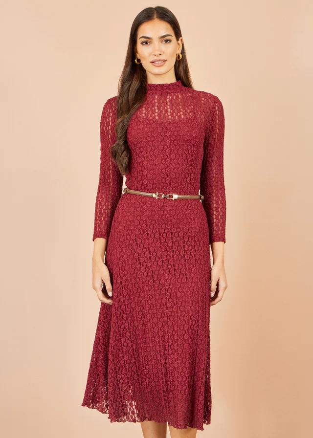 Yumi Burgundy High Neck Lace Midi Dress