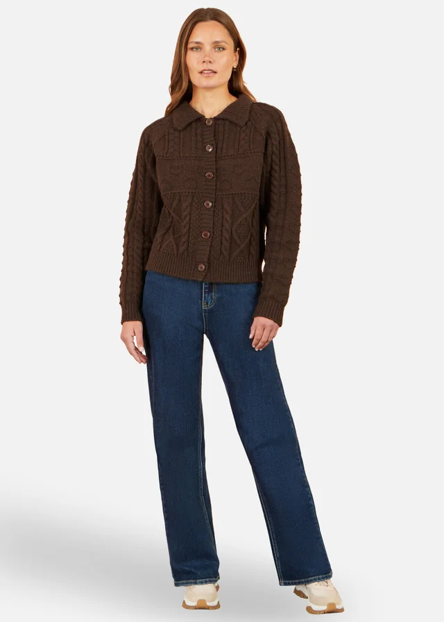 Yumi Brown Cable Knit Boxy Jacket