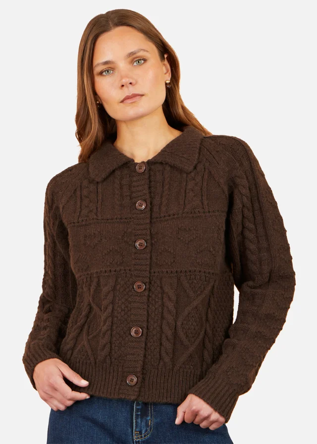 Yumi Brown Cable Knit Boxy Jacket