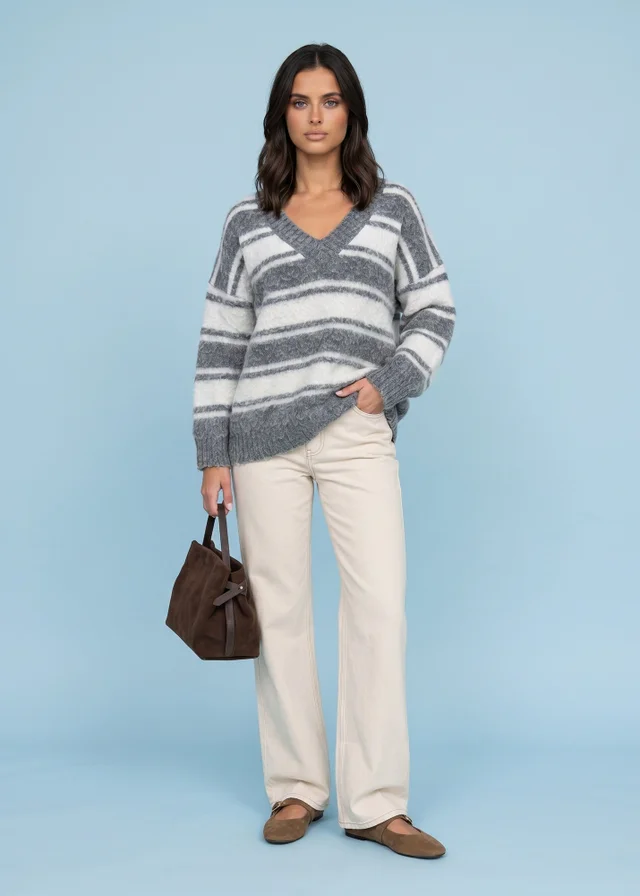 Urban Bliss Grey Wool Blend Stripe V Neck Jumper