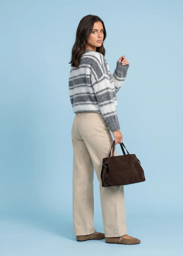 Urban Bliss Grey Wool Blend Stripe V Neck Jumper