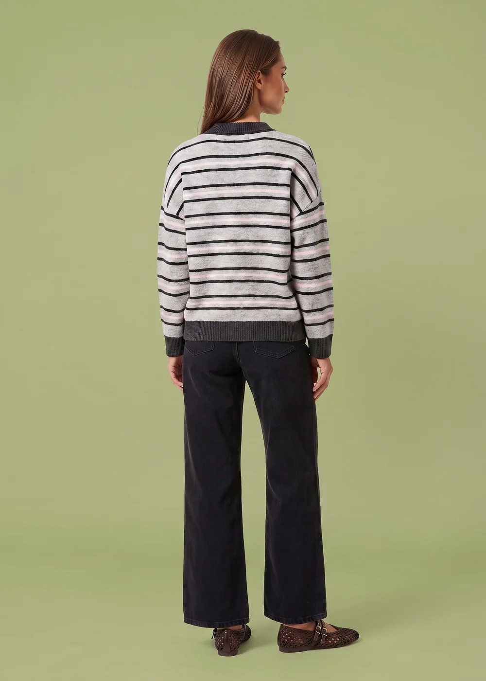 Urban Bliss Grey Wool Blend Stripe Contrast Rugby Jumper - L Image 3