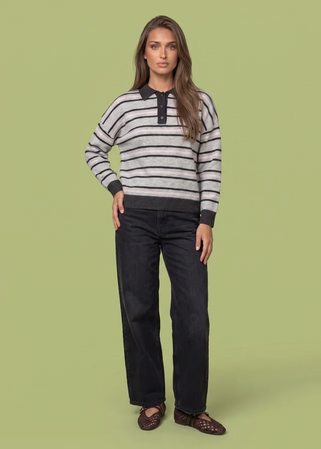 Urban Bliss Grey Wool Blend Stripe Contrast Rugby Jumper