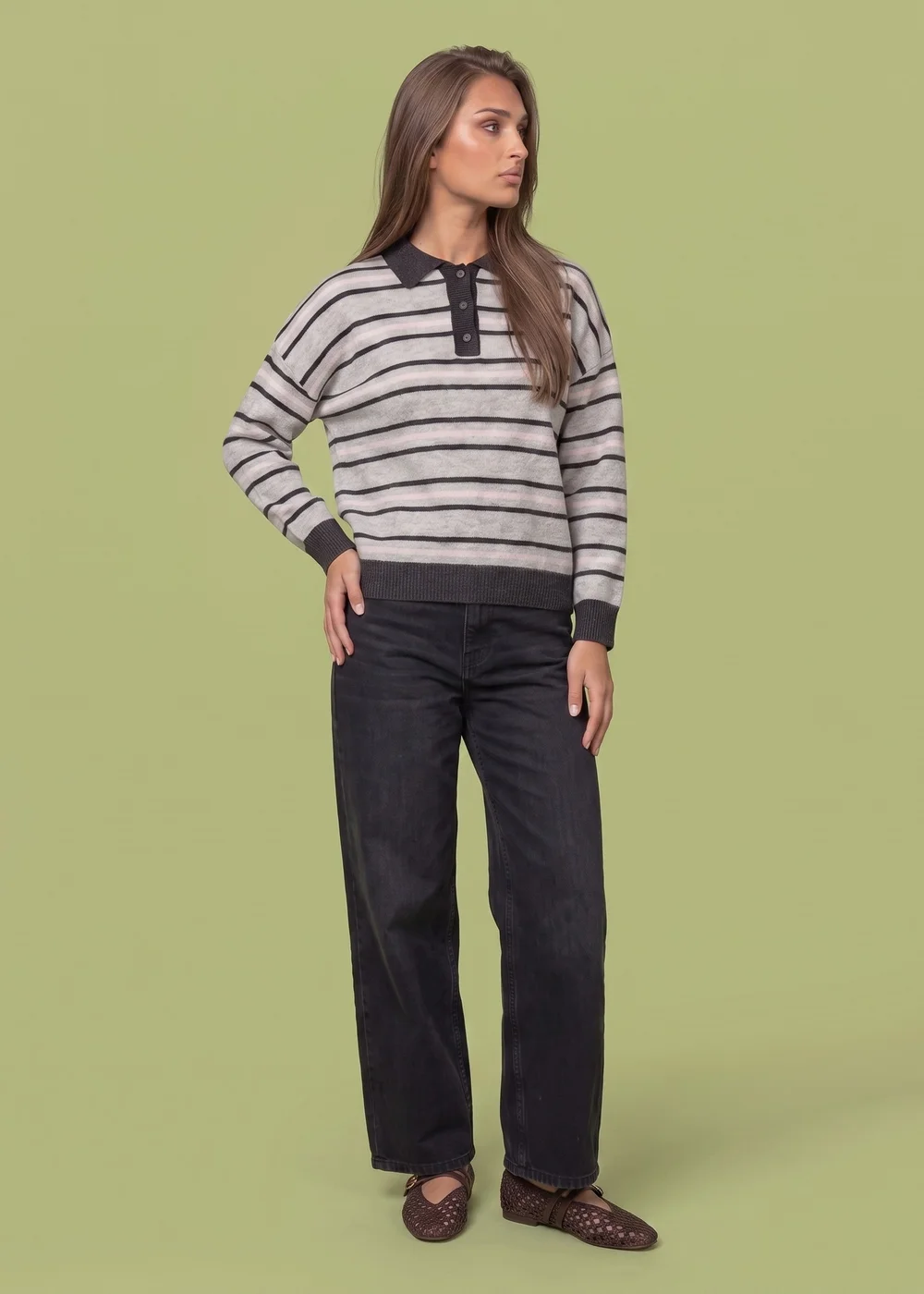Urban Bliss Grey Wool Blend Stripe Contrast Rugby Jumper - L Image 2