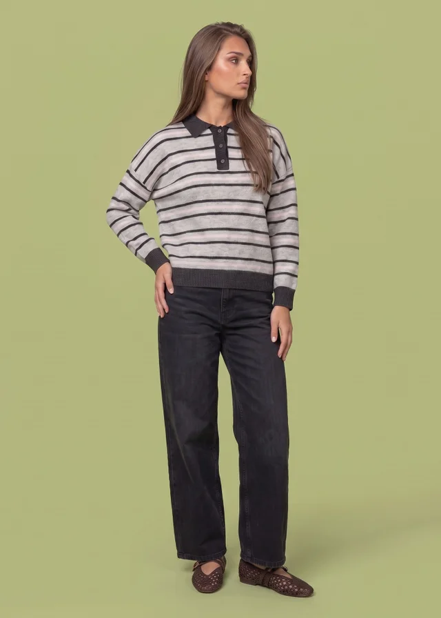 Urban Bliss Grey Wool Blend Stripe Contrast Rugby Jumper