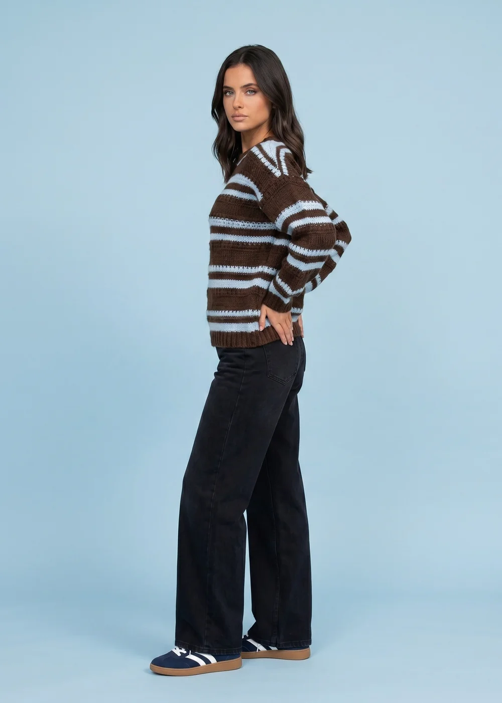 Urban Bliss Brown Textured Stripe Crew Neck Jumper - M Image 2
