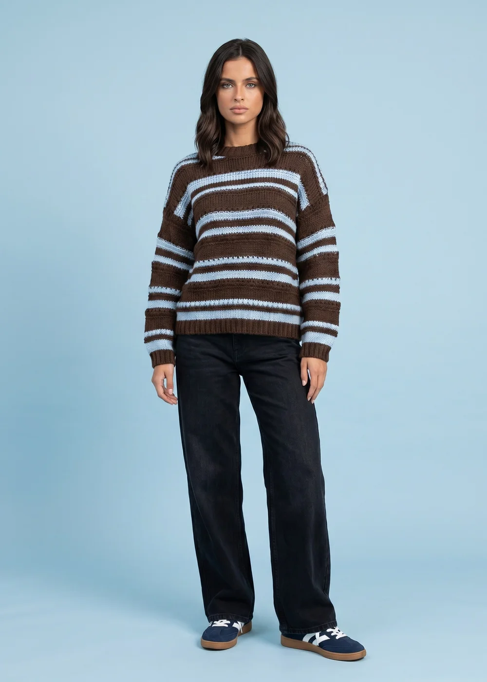 Urban Bliss Brown Textured Stripe Crew Neck Jumper - M Image 1