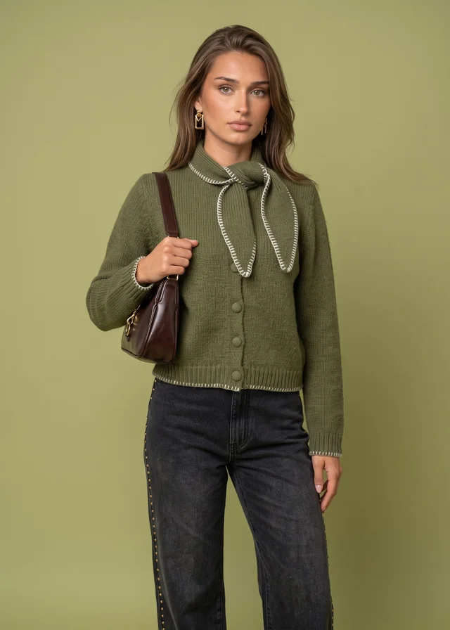 Urban Bliss Khaki Wool Blend Contrast Cardigan