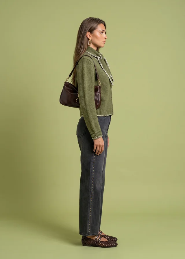 Urban Bliss Khaki Wool Blend Contrast Cardigan