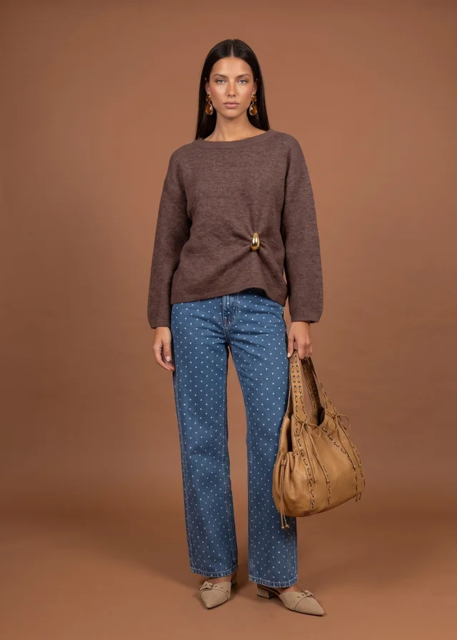 Urban Bliss Brown Wool Blend Gold Trim Jumper