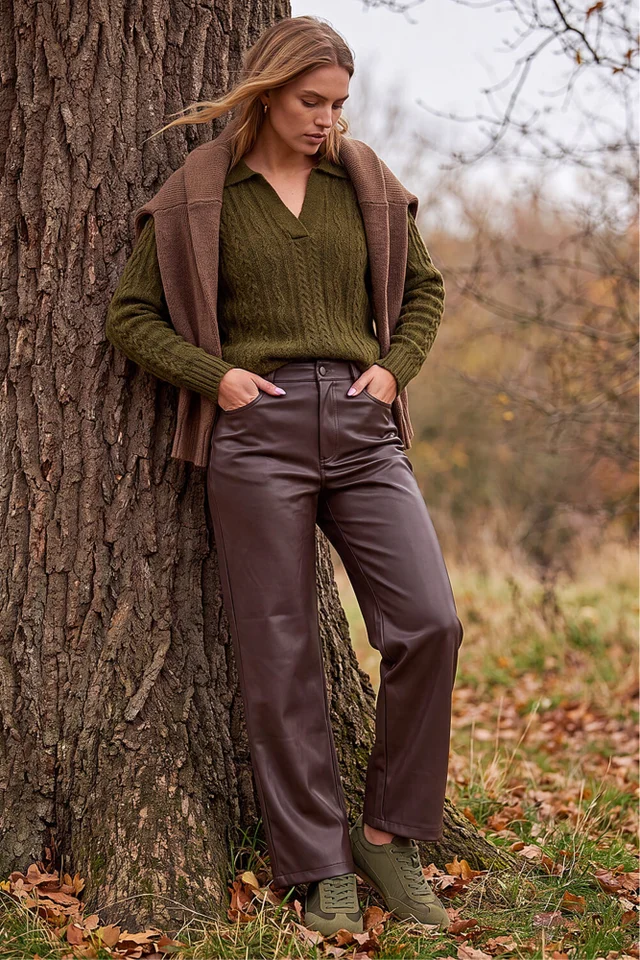 Roman Chocolate Faux Leather Straight Leg Jean