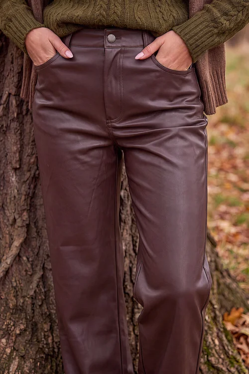 Roman Chocolate Faux Leather Straight Leg Jean - 14 Image 4