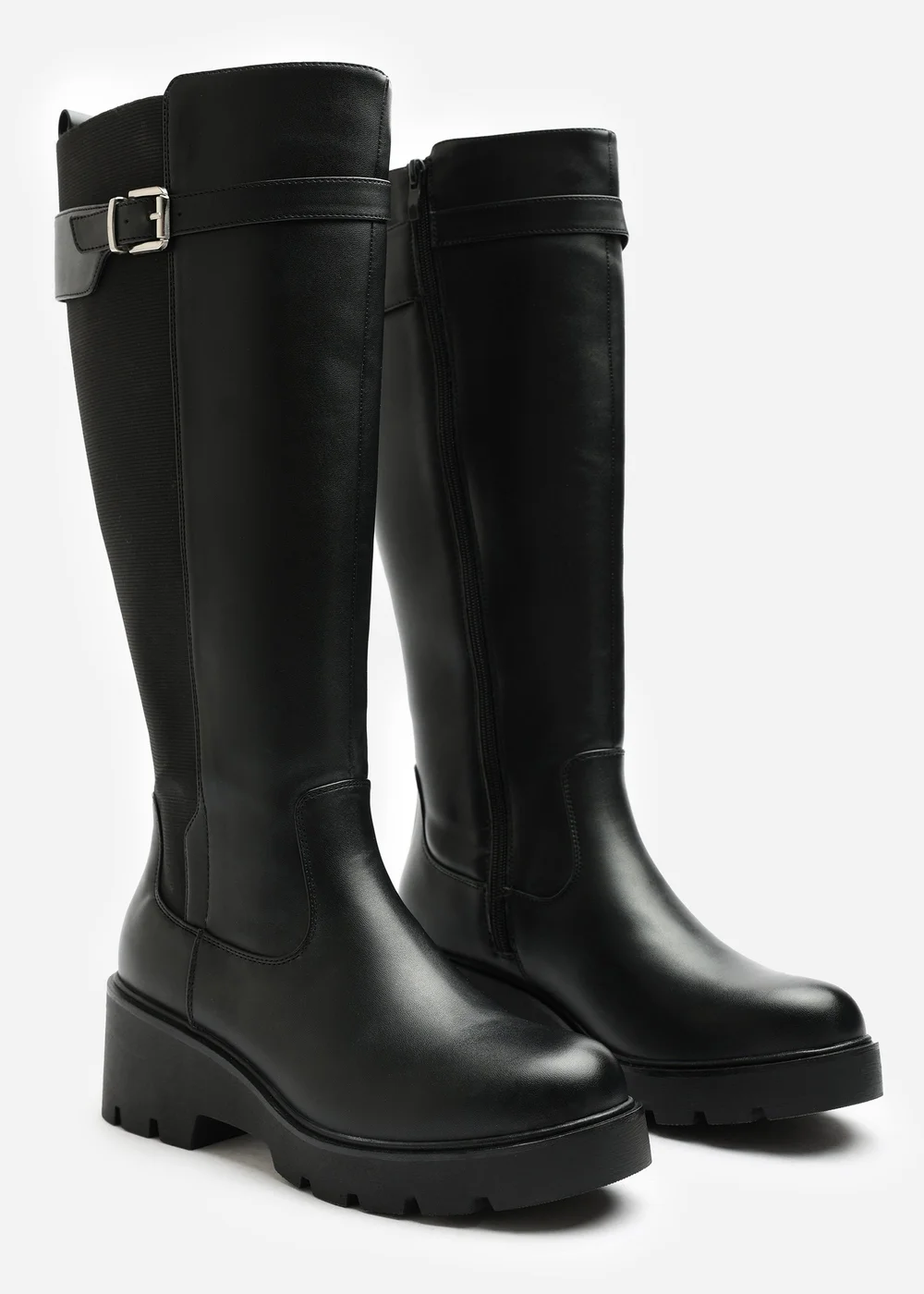 Where's That From Erelia Black Wide Fit Stretch Panel Buckle Detail Wedge Boots - 6 Wide Image 3