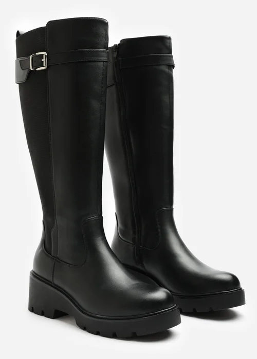 Where's That From Erelia Black Wide Fit Stretch Panel Buckle Detail Wedge Boots - 6 Wide Image 3