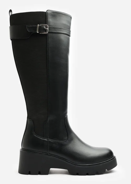 Where's That From Erelia Black Wide Fit Stretch Panel Buckle Detail Wedge Boots - 6 Wide Image 1