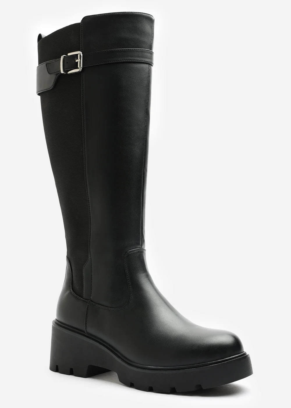 Where's That From Erelia Black Wide Fit Stretch Panel Buckle Detail Wedge Boots - 6 Wide Image 2
