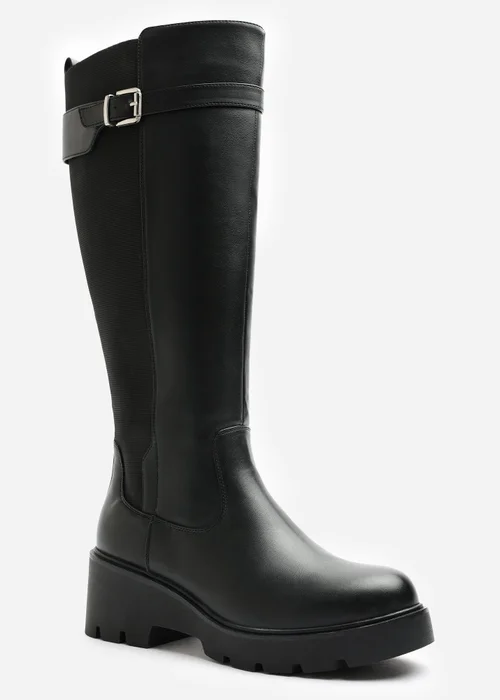Where's That From Erelia Black Wide Fit Stretch Panel Buckle Detail Wedge Boots - 6 Wide Image 2