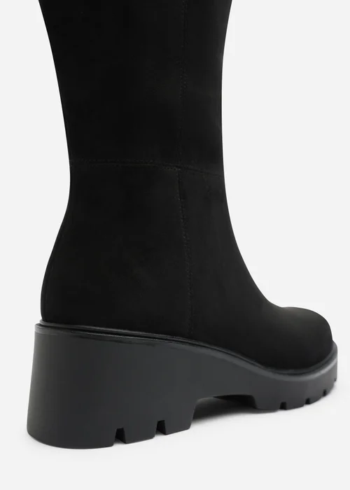 Where's That From Envara Black Wide Fit Knee High Wedge Boot With Stitch Panel Detailing - 7 Wide Image 4