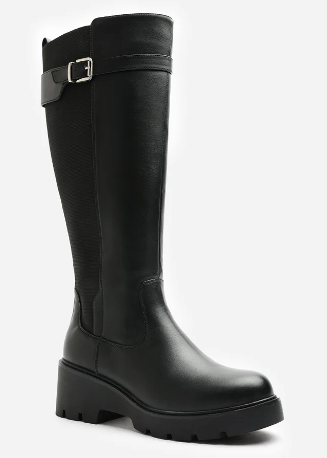 Where's That From Erelia Black Stretch Panel Buckle Detail Wedge Boots