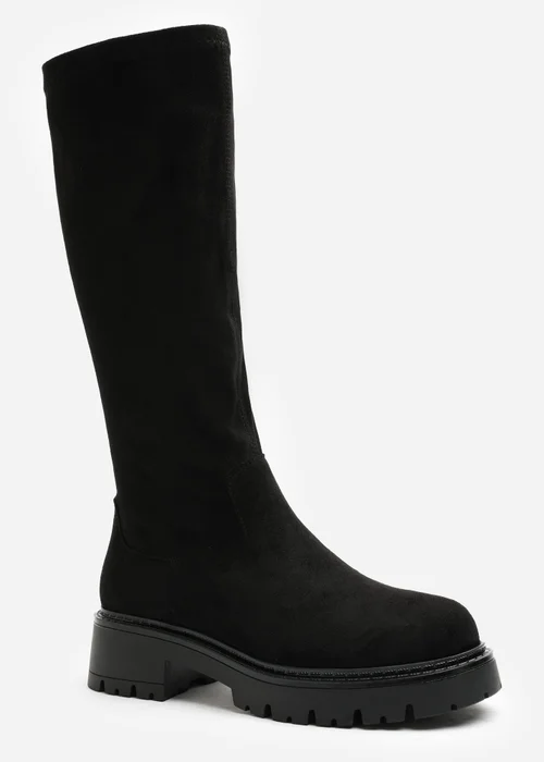 Where's That From Elvane Black Faux Suede Stretch Chunky Knee High Sock Boot - 5 Image 3