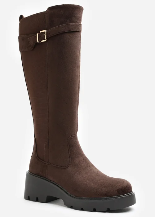Where's That From Erelia Dark Brown Stretch Panel Buckle Detail Wedge Boots - 6 Image 2