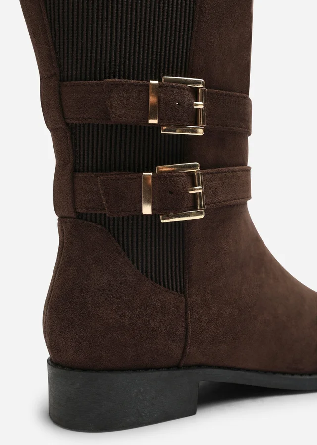 Where's That From Elaris Dark Brown Faux Suede Double Buckle Detail Stretch Elastic Knee High Riding Boots