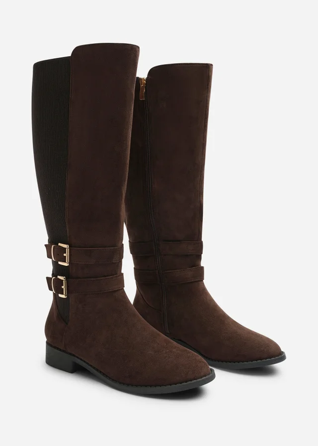 Where's That From Elaris Dark Brown Faux Suede Double Buckle Detail Stretch Elastic Knee High Riding Boots