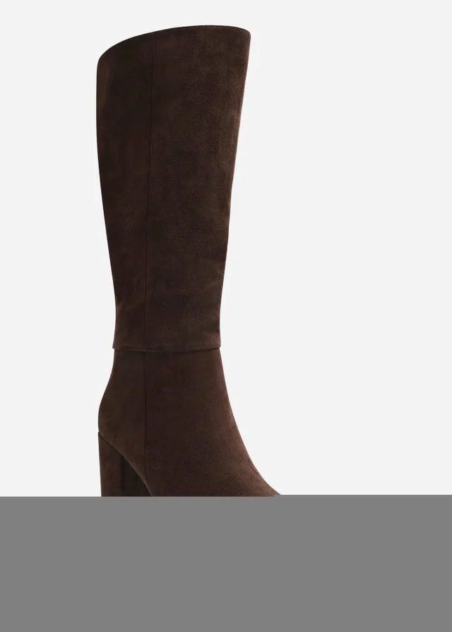 Where's That From Evixa Dark Brown Wide Fit Knee High Pointed Toe Block Heel Boot