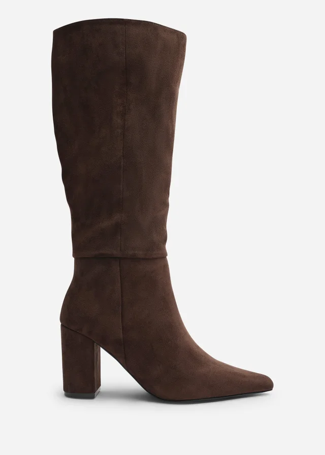Where's That From Evixa Dark Brown Wide Fit Knee High Pointed Toe Block Heel Boot