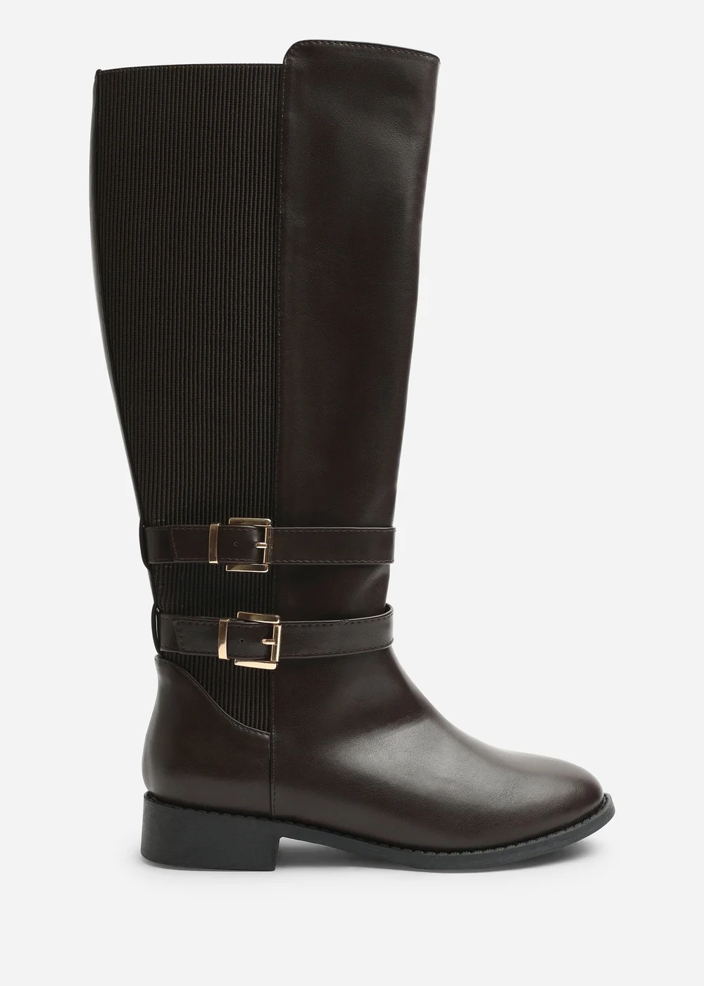 Where's That From Elaris Dark Brown PU Double Buckle Detail Stretch Elastic Knee High Riding Boots - 6 Image 1
