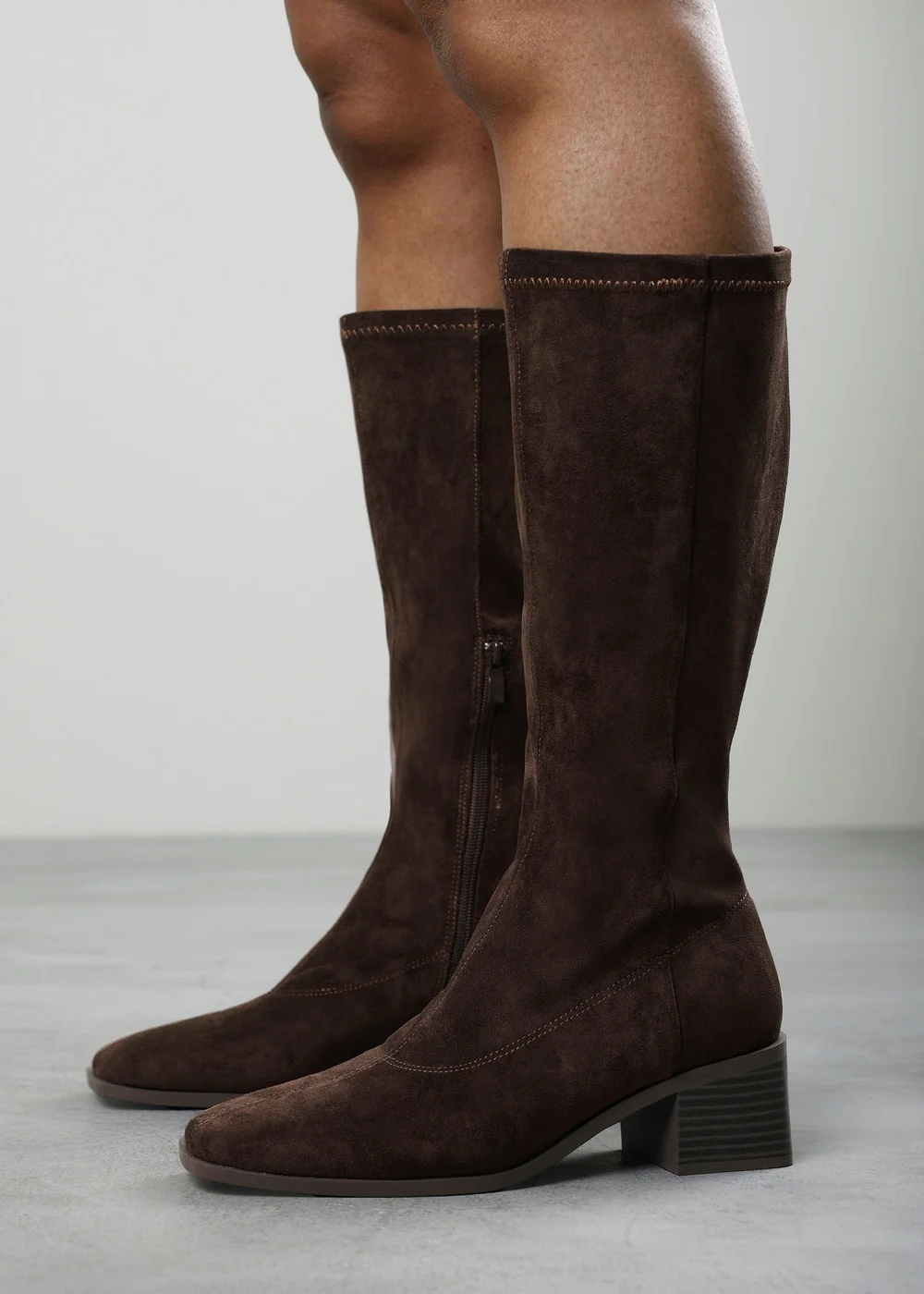 Where's That From Ezzira Dark Brown Square Low Block Heel Stretch Knee High Boots - 5 Image 2