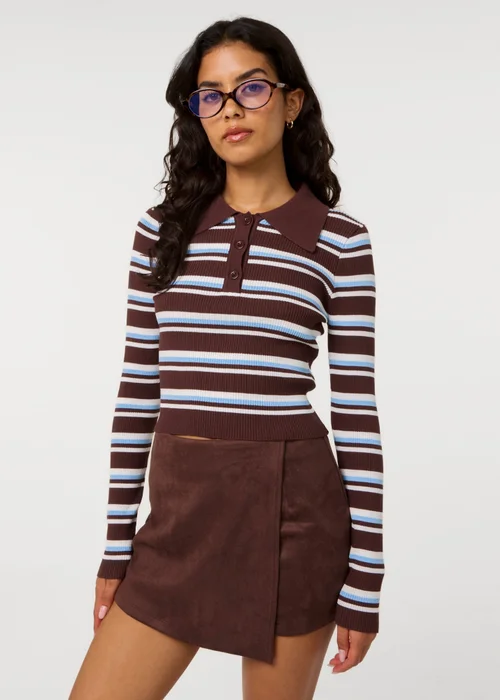 Pink Vanilla Brown Stripe Long Sleeve Collar Jumper - S Image 1