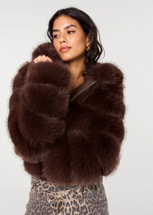 Pink Vanilla Brown Hooded Pelted Fur Jacket - M Image 1