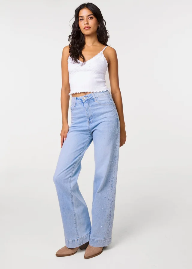Pink Vanilla Blue Diamante Side Wide Leg Jeans