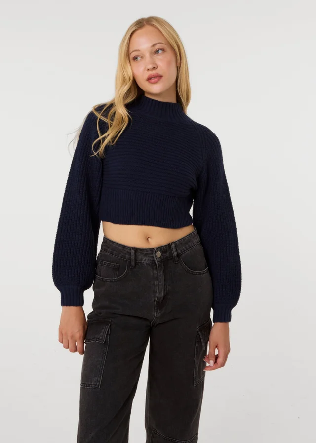 Pink Vanilla Navy High Neck Knitted Crop Jumper