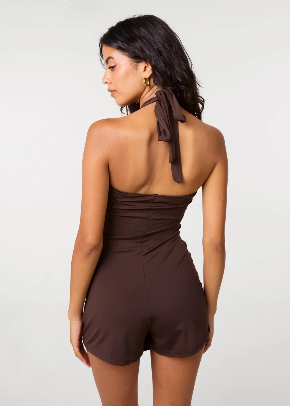 Pink Vanilla Brown Halterneck Mini Dress with Gold Buckle Detail - S/M Image 4