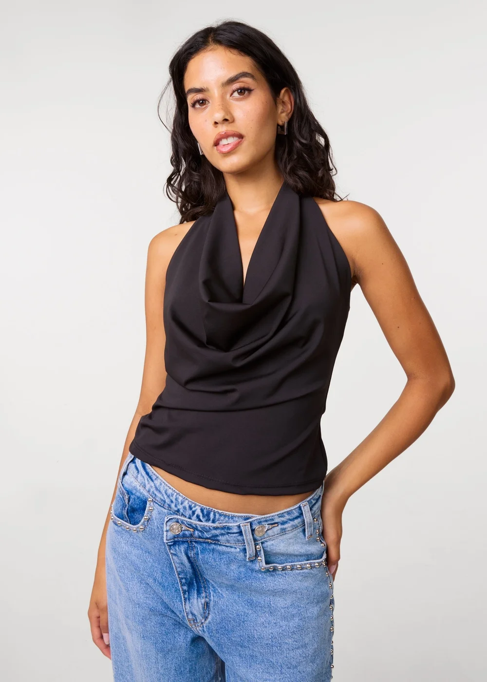 Pink Vanilla Black Halterneck Cowl Soft Stretch Top - One Size Image 1