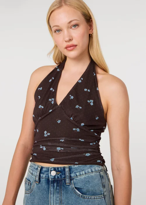 Pink Vanilla Brown Floral Polka Dot Mesh Halter Top - L Image 3