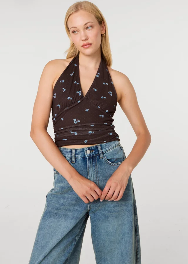 Pink Vanilla Brown Floral Polka Dot Mesh Halter Top