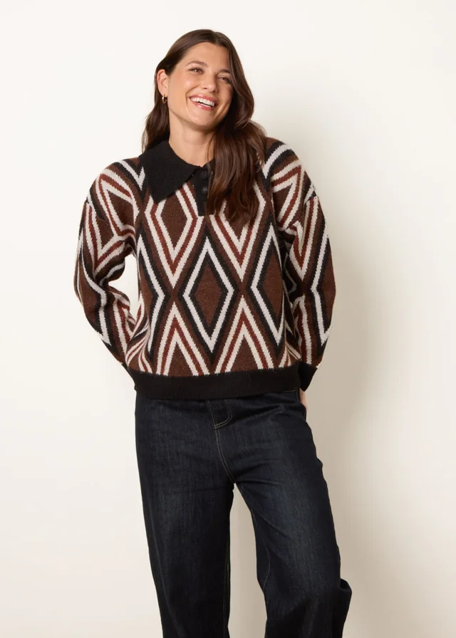 Blue Vanilla Multi Diamond Knit Polo Jumper