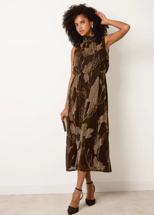 Blue Vanilla Tan High Neck Jacquard Midi Dress - M Image 3