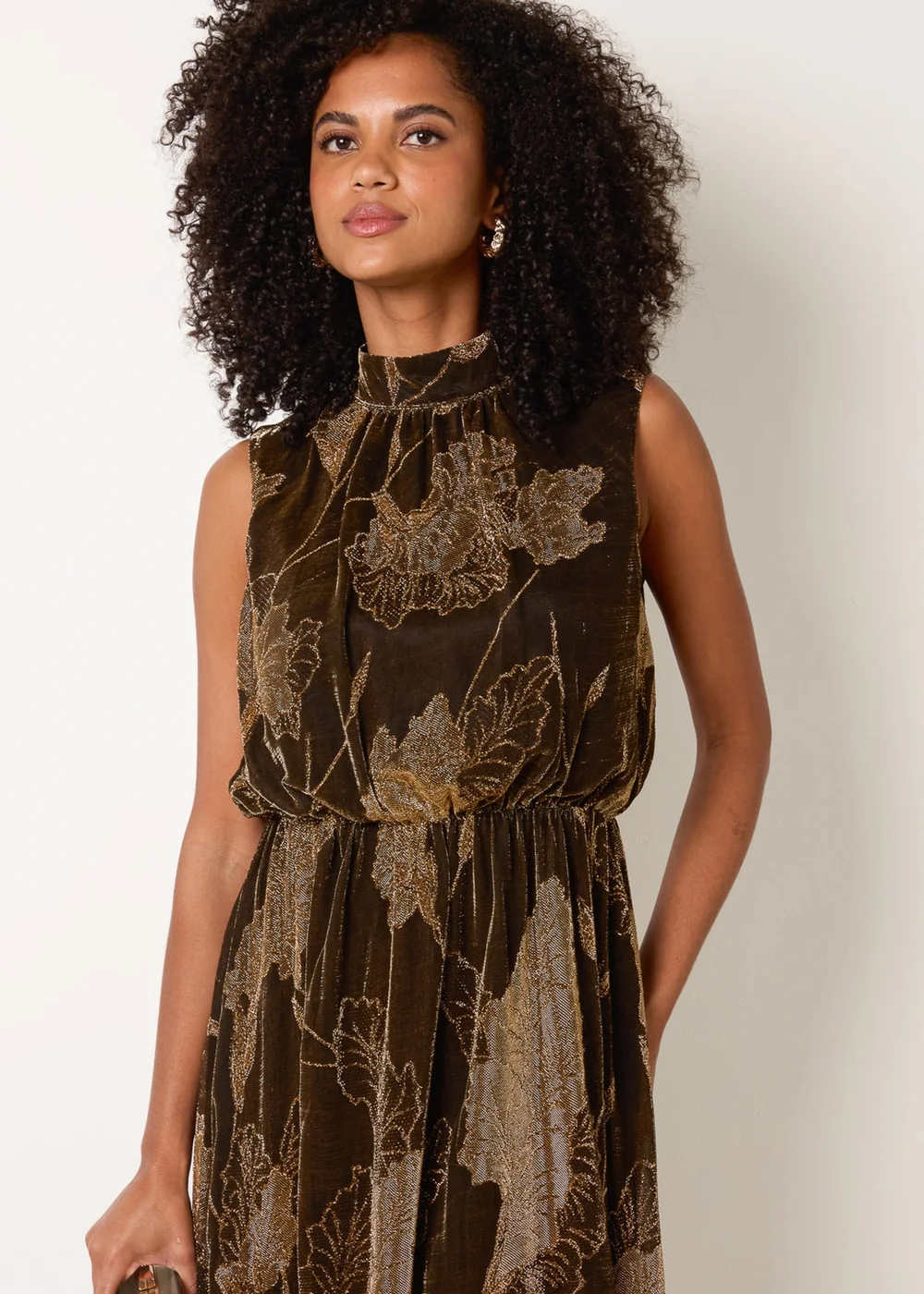 Blue Vanilla Tan High Neck Jacquard Midi Dress - M Image 2