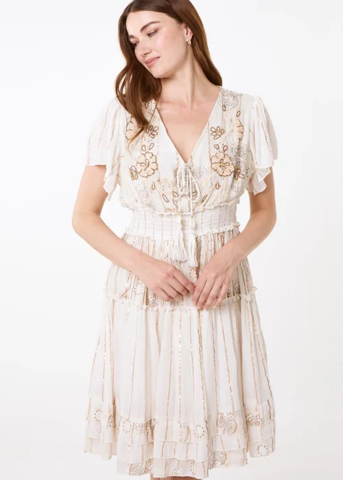 Blue Vanilla Beige Embellished Tiered Mini Dress - M/L Image 1
