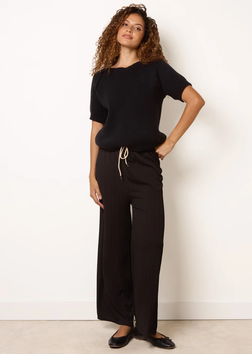 Blue Vanilla Black Ribbed Wide Leg Trousers - One Size Image 1