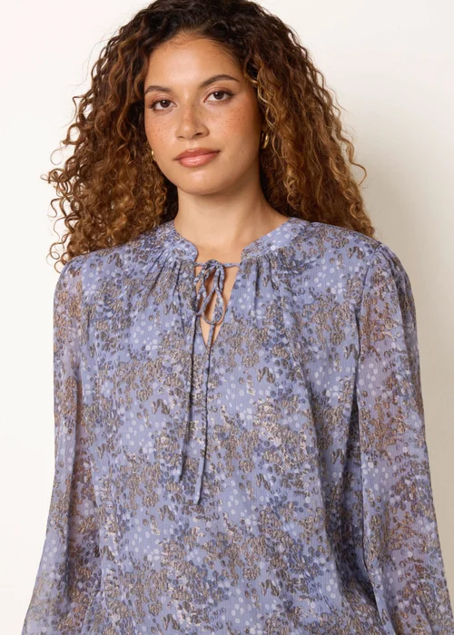 Blue Vanilla Blue Metallic Leopard Print Tie Neck Puff Ball Blouse - L Image 2