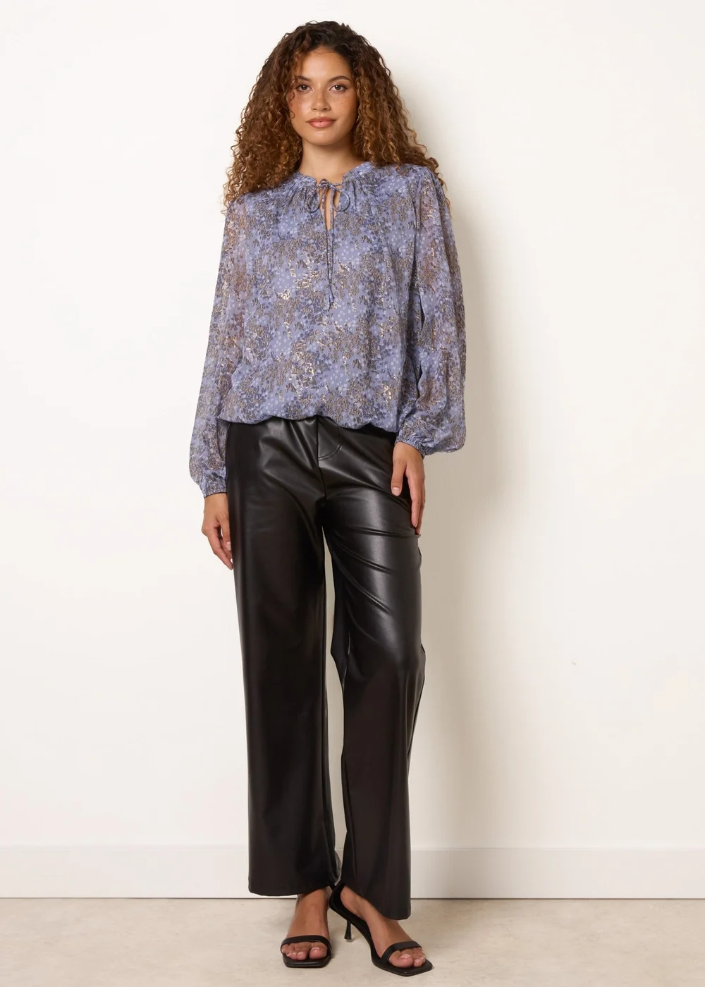 Blue Vanilla Blue Metallic Leopard Print Tie Neck Puff Ball Blouse - L Image 3