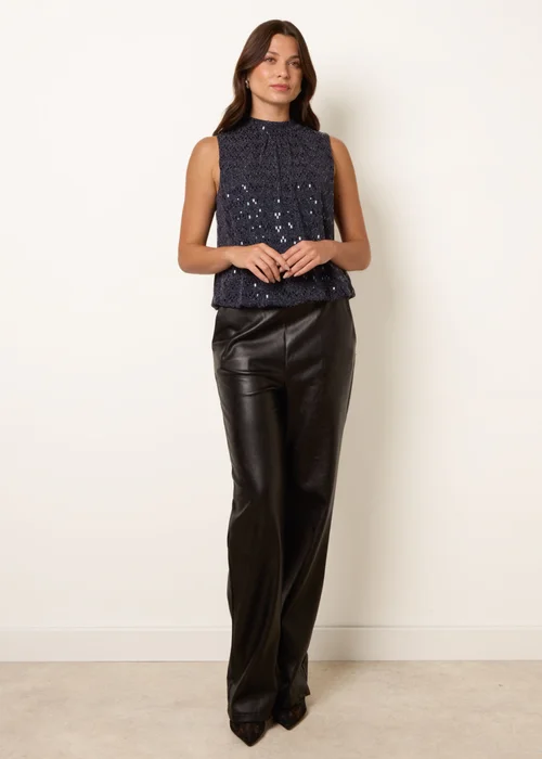Blue Vanilla Navy High Neck Metallic Puff Ball Blouse - L Image 1